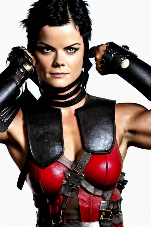 Image similar to realistic photograph. female warrior, 2 7 years old. jaimie alexander. her hair is short, straight, raven - black. fair - complected but tan. tall and gracile, except for her thick ripped vascular buff muscular arms and her ample bust. she wears sleeveless modest practical red & black leather armor with golden highlights that leaves only her muscular arms exposed.