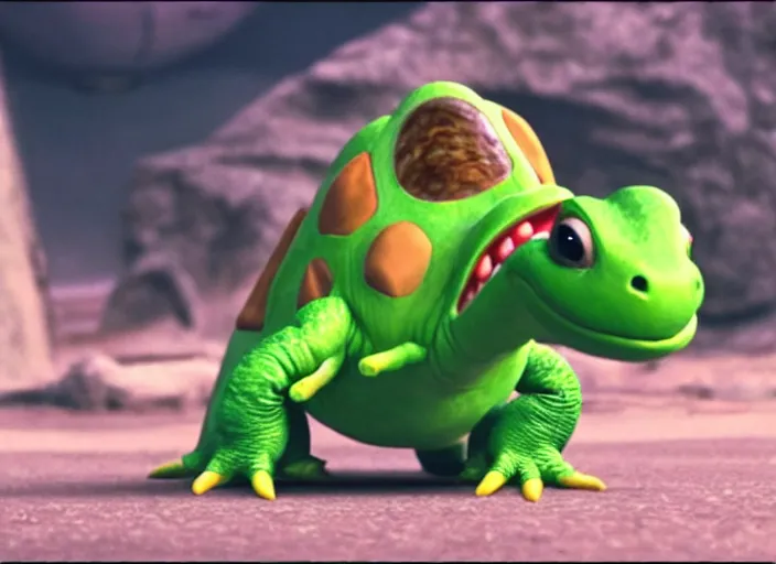 Image similar to film still of yoshi in the new sci - fi movie, cute upright dinosaur with a small turtle shell and long tongue, 8 k