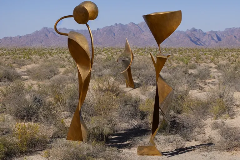 Image similar to surrealist metal sculptures by max ernst in a california desert landscape