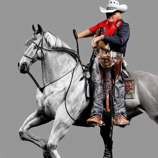 Prompt: Donald Trump dressed as a cowboy next to a horse, very detailed, sharp, 2d, 4k