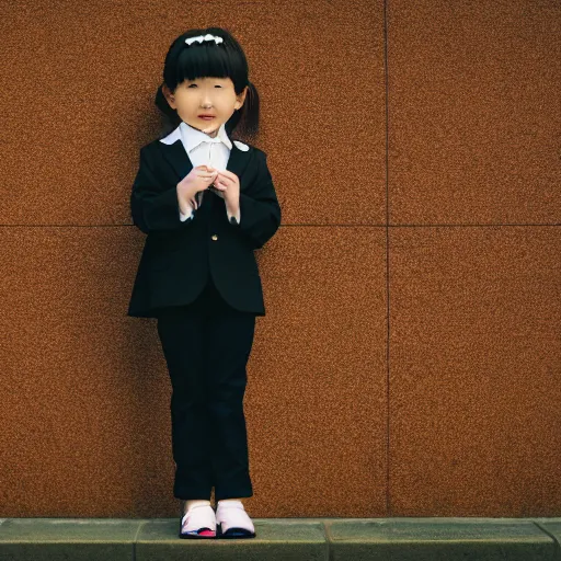 Prompt: photo of a cute Japanese girl wearing tuxedo, kawaii, high depth of field, 4k, 70 mm, sigma lens, reflection, high contrast, saturated