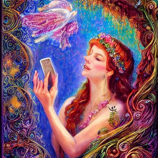 Image similar to a nature goddess checking her cell phone by senior concept artist josephine wall, acrylic on canvas, intricately detailed