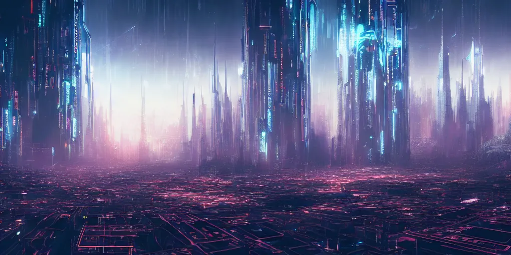 Prompt: a landscape view of a cybernetic cathedral overlooking an higway of data, cyberpunk, beautiful detailed, cinematic, strong lighting, hi - fructose art magazine, photorealistic, 8 k