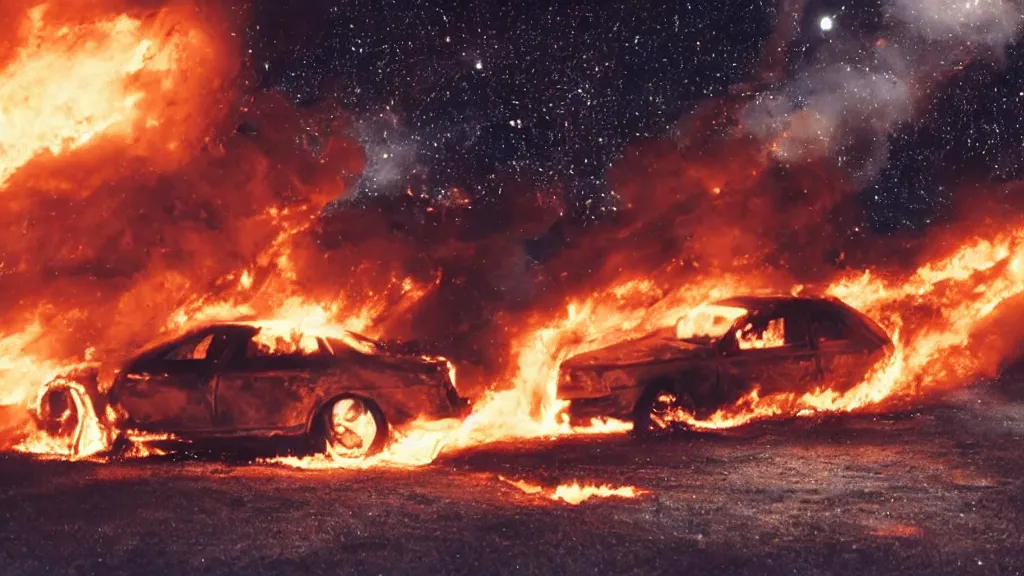 Image similar to movie still of a burning car in outer space