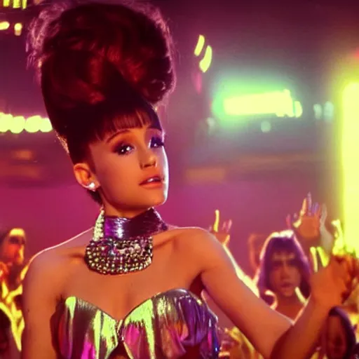 Image similar to cinematic movie still of ariana grande as a 1 9 7 0 s disco queen, 8 k hdr, action shot, movie still, hazy vibes, acid trip, fear and loathing