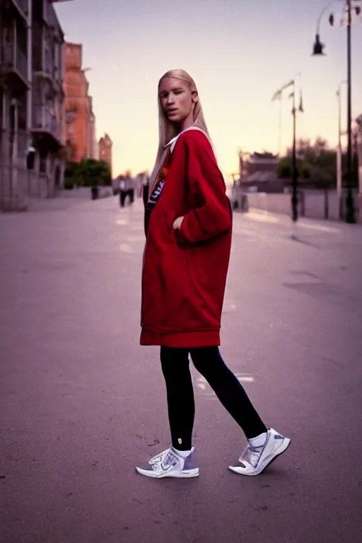 Image similar to high quality realistic street photo of girl, blond hair, clothes in the sport style of 1 9 9 0, sneakers, lowered socks, loose coat, perfect face against the sunset sky ; kodak ektar, 2 0 0 iso, 3 5 mm lens, bill henson style beautiful chiaroscuro lighting, beautiful colour palette, beautiful and realistic, wide shot