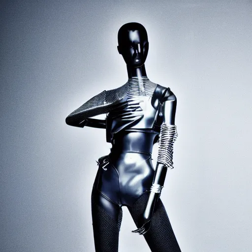 Image similar to a mannequin wearing a futuristic cyperpunk outfit, studio photography, dramatic lighting