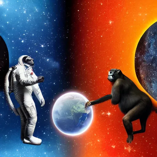 Image similar to double exposure portrait split in the middle, showcasing one astronaut and one chimpanzee in a suit posing with space in the background, pencil art, high definition, dynamic lighting stars, sharpness, golden ratio