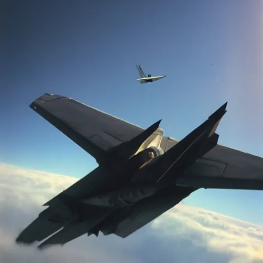 Image similar to a f 1 4 tomcat flying over the clouds chasing an ufo