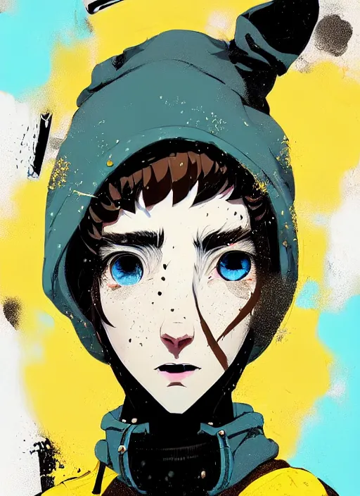 Prompt: highly detailed portrait of a sewerpunk student lady, blue eyes, hoody, beanie hat, white hair by atey ghailan, by greg tocchini, by jim mahfood, by greg rutkowski, by joe fenton, by kaethe butcher, gradient yellow, black, brown and cyan color scheme, grunge aesthetic!!! ( ( graffiti tag wall background ) )