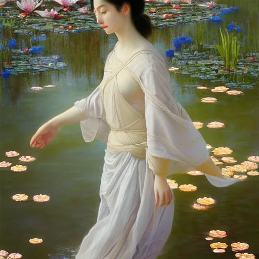 Image similar to a painting of a woman with greek white clothes floating in a pond of water lillies, a fine art painting, by liu jun, cgsociety, deviantart, pre - raphaelitism, figurative art, magical realism, detailed painting, made of flowers