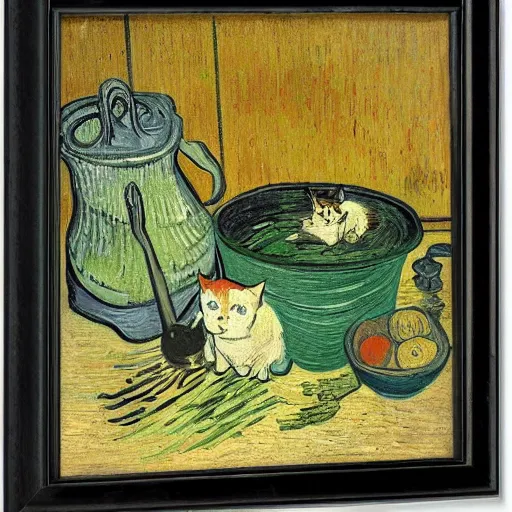 Prompt: the cat cooks soup, stirring a pot with a ladle and cutting vegetables, oil painting, drawn by Van Gogh