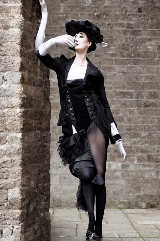 Prompt: high fashion photoshoot in london wearing 1 9 th century fashion inspired by rick owens, vogue, wonderland. fashion photography, streetwear.