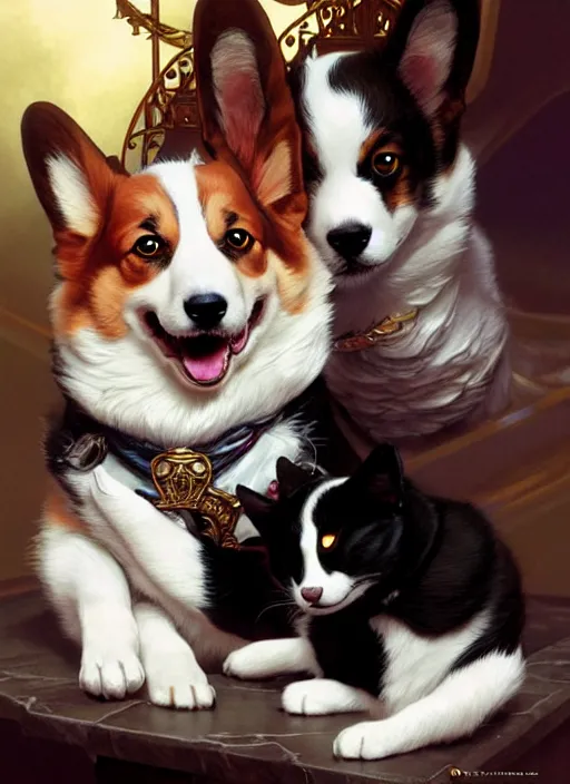 Image similar to ein the corgi playing with a tuxedo cat, fantasy, intricate, elegant, hyper detailed, ultra definition, photoreal, artstation, unreal engine rendered, concept art, smooth, sharp focus, illustration, art by artgerm and greg rutkowski and alphonse mucha and garis edelweiss