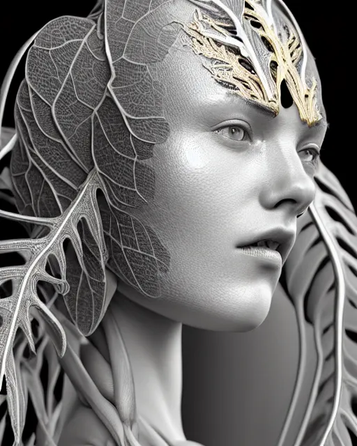 Image similar to bw close - up profile face, black background, beautiful porcelain vegetal dragon cyborg young female, 1 5 0 mm, beautiful natural soft rim light, silver gold details, magnolia leaves and stems, roots, fine lace, mandelbot fractal, elegant, ultra detailed, white metallic armour, octane render, h. r. giger style