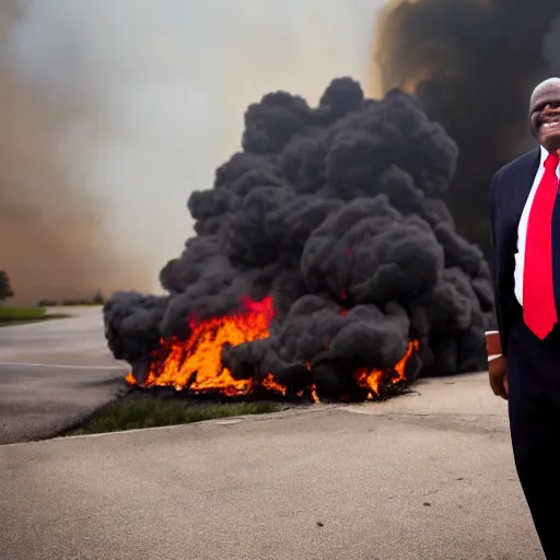 Image similar to Clarence Thomas watching a dumpster fire burn as he smiles, photo, cinematic, 8k