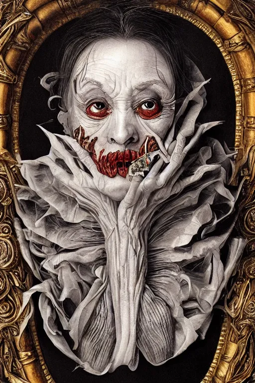 Image similar to Detailed maximalist portrait of a beautiful old woman with large lips and eyes, scared expression, botanical skeletal with extra flesh, HD mixed media, 3D collage, highly detailed and intricate, surreal illustration in the style of Caravaggio, dark art, baroque, centred in image