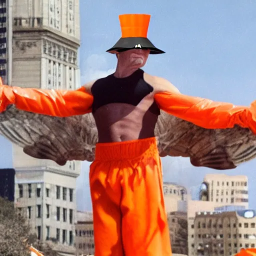 Prompt: ripped physique winged man Norm MacDonald disguised as a mothra whilst wearing a traffic cone hat bilquis evely