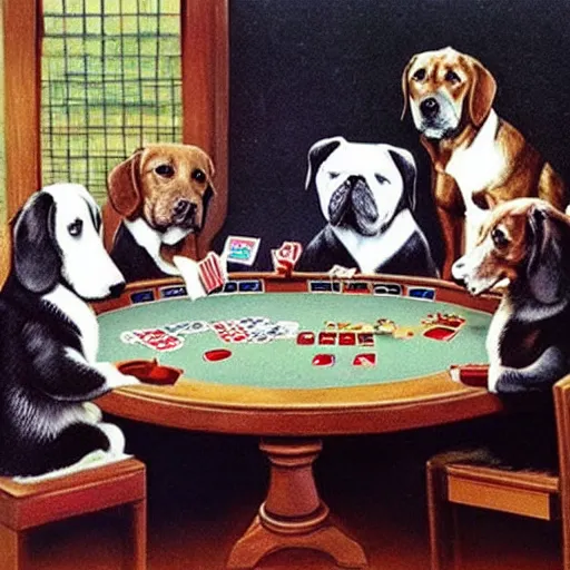 Prompt: dogs playing poker.