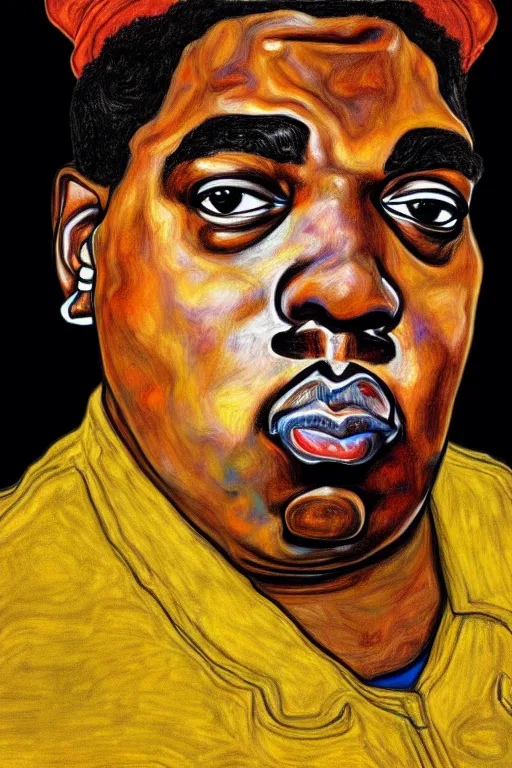 Image similar to a portrait of biggie small in style of egon schiele, masterpiece, hyperdetailed, complex, intricate, 4 k, trending on artstation