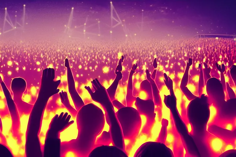 Image similar to crowd partying with their hands up at a festival, lighters, cellphones, haze, light beams, silhouette, digital art, trending on artstation, 4k, unreal engine, intricate, ornate