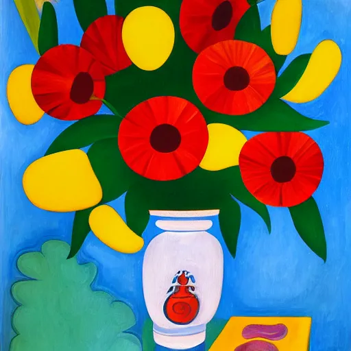 Image similar to a painting of red and yellow flowers in a white vase, a gouache by tarsila do amaral, behance, fauvism, fauvism, oil on canvas, acrylic art