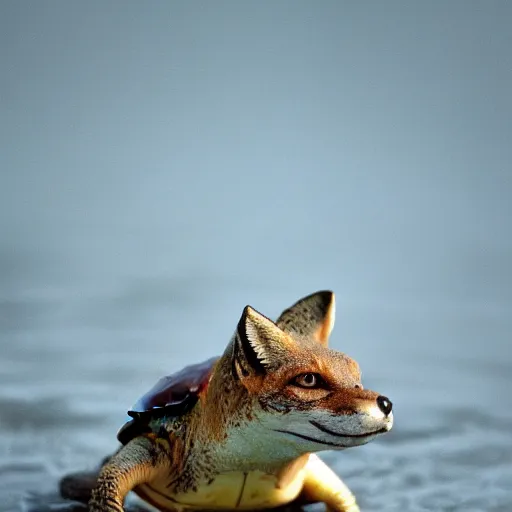 Prompt: mixture between a turtle and a fox, fox turtle hybrid, national geographic, photo, distance shot,