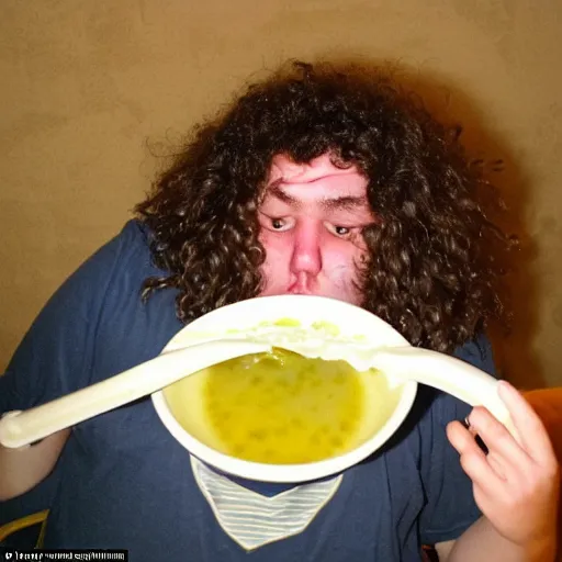 Prompt: flash photography of chubby 18 year old teenage boy with long curly brown hair puking. He is covered in soup. Disgusting horrible mess