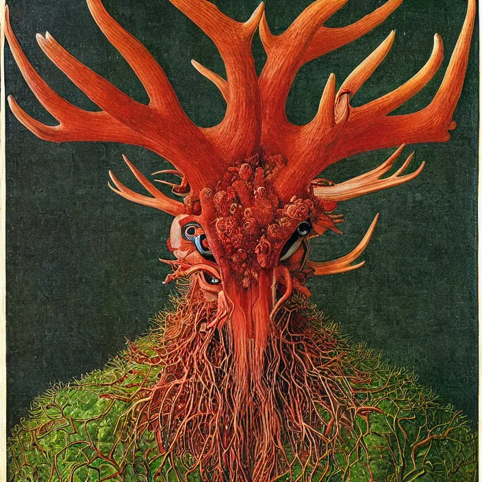 Prompt: close up portrait of a mutant monster creature with ten antlers growing in fractal forms, face in the shape of a colorful exotic carnivorous plant. by jan van eyck, audubon