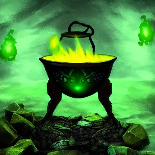 Image similar to a black cauldron filled with a magical green glowing potion hanging above a small campfire, night, fantasy, digital art, mysterious