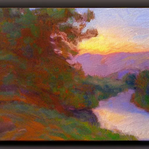 Prompt: a detailed impressionist painting of a winding river during sunrise, matte painting, oils on canvas