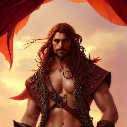 Prompt: full body shot of male pirate, D&D, handsome, amber eyes, muscular, fantasy, intricate, long hair, red hair, elegant, highly detailed, digital painting, artstation, concept art, smooth, sharp focus, illustration, art by artgerm and greg rutkowski and alphonse mucha