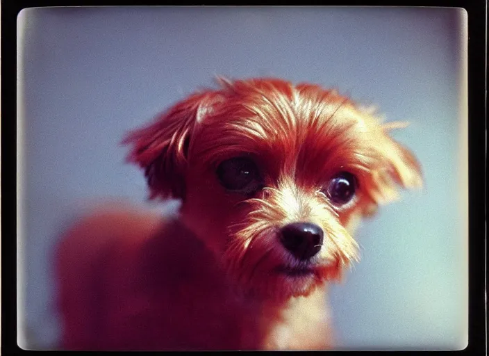 Prompt: a extreme close - up photo, color studio photographic portrait of a little dog, dramatic backlighting, 1 9 7 3 polaroid photo from life magazine,