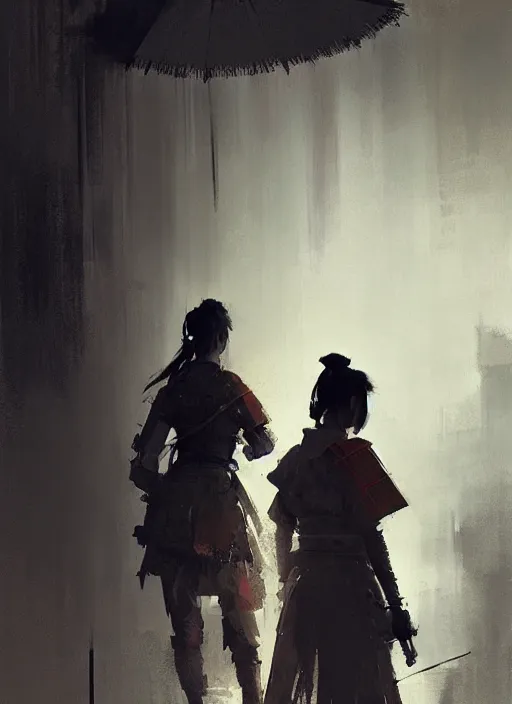 Image similar to female samurai, rule of thirds, intricate outfit, spotlight, by greg rutkowski, by jeremy mann, digital painting