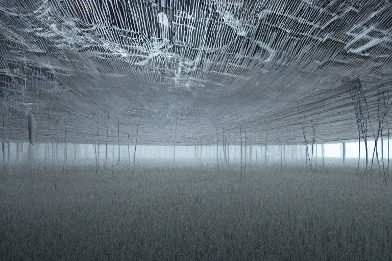 Prompt: tarkovsky stalker greatest scene, refik anadol led screen render, interior neo futuristic ultra white and clean mycelium architecture, stranded natural hemp ropes, biennale architecture installation, bioremediation, + unreal engine 5 + realistic render