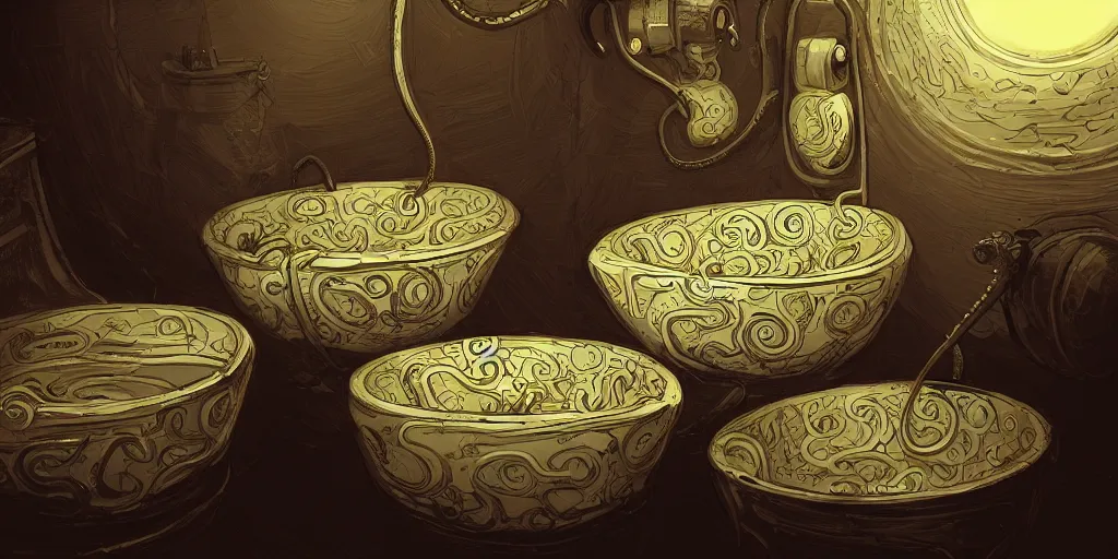 Prompt: toilet bowls with tentacles, digital artstation painting 8k intricate dramatic light