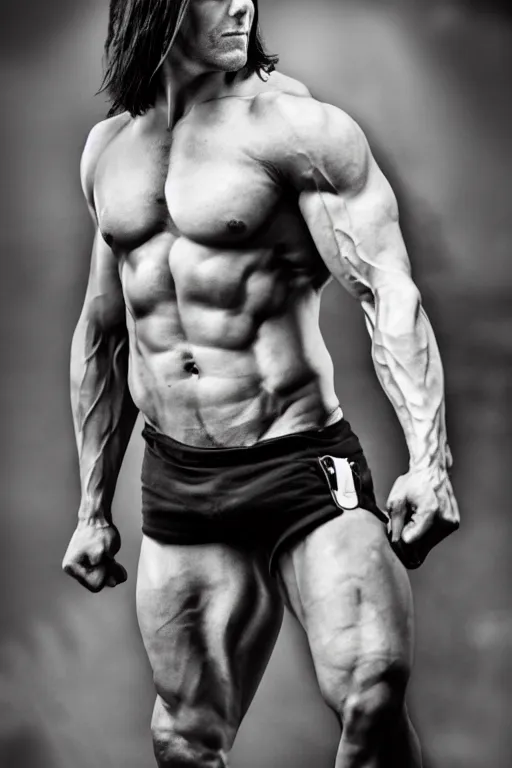 Image similar to Matthew Mercer is a jacked muscle builder gigachad, grayscale photography