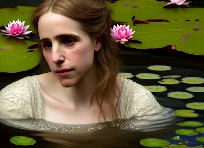 Image similar to 8K, soft light, warm volumetric lighting, highly detailed, brit marling style 3/4 ,view from above of close-up portrait photo of a beautiful woman how pre-Raphaelites painter, face is emerging of a pond with beautiful water lilies, she has a beautiful lace dress and hair are intricate with highly detailed realistic beautiful flowers , Realistic, Refined, Highly Detailed, natural outdoor soft pastel lighting colors scheme, faded colors, outdoor fine art photography, Hyper realistic, photo realistic,warm lighting,