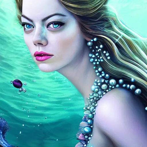 Image similar to emma stone portrait, fantasy, mermaid, hyperrealistic, game character, underwater, highly detailed, sharp focus, cinematic lighting, pearls, glowing hair, shells, gills, crown, water, highlights, starfish, jewelry, realistic, digital art, pastel, magic, fiction, ocean, king, colorful hair, sparkly eyes, fish, heroic, god, waves, bubbles