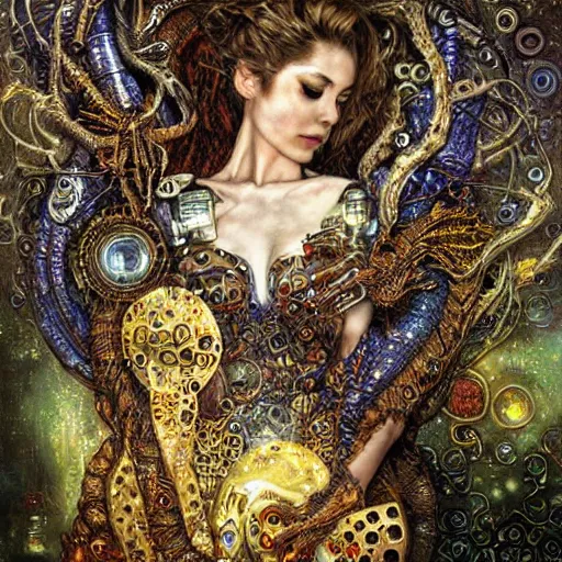 Image similar to cybernetic dragon dreaming in circuitry, intricate detail, klimt, royo, whealan,