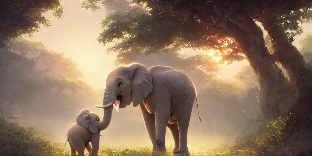 Image similar to a wholesome cute baby elephant in the morning light studio ghibli, pixar and disney animation, sharp, anime key art by greg rutkowski, by craig mullins, bloom, back lighting