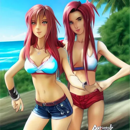 Image similar to beautiful aerith and tifa and jessie from final fantasy in daisy dukes on the beach making eye contact drawn by artgerm