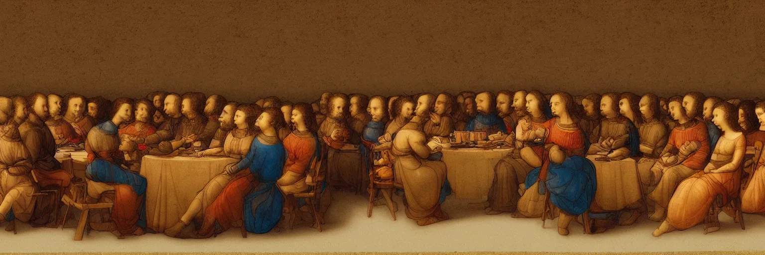 Prompt: a beautiful Leonardo Vavinci illustration of a table where smart people sit and listen to a TED lecture