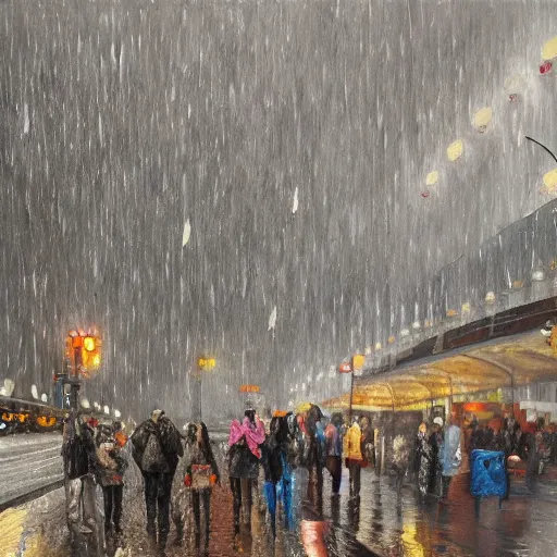 Prompt: a highly detailed oil painting of it's raining cats and dogs, bystanders watching from the sides, 4 k, by ariduka 5 5, monokubo, artstation,