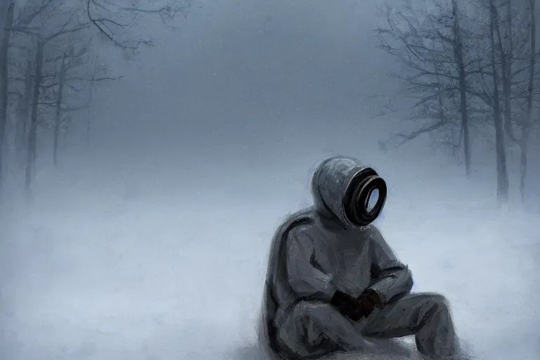 Image similar to ryan church jon mccoy concept art mood painting man wearing grey hazmat suit gas mask sitting against concreate wall snow covered field watching the beautiful winter sunrise