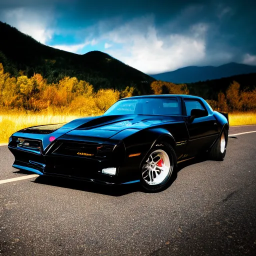 Image similar to black pontiac firebird trans - am driving towards the camera, mountain, valley, breathtaking mountains, lake, dynamic, sunrise, cinematic, motionblur, sunbeams, volumetric lighting, wide shot, low angle, mind flayer, lightning, mind flayer, lightning creature