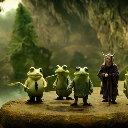 Image similar to gandalf and the hobbits as frogs, cinematic shot, 8 k, film still