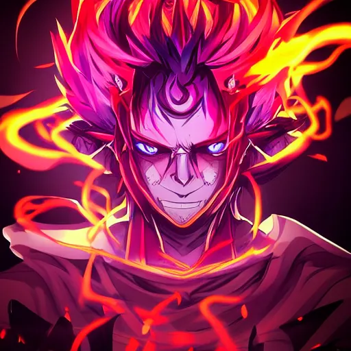 Prompt: villan devil handsome in demon slayer art, night, fire lines, anime style, detailed face, high quality, smooth in 8k, sharp focus, beautiful scene, black border, beautiful scene with a lot of colors, dark colorful fire, many colors in the background, purple