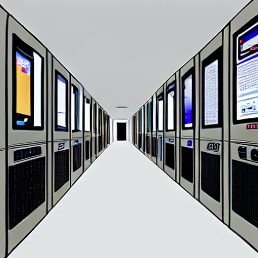 Prompt: a hallway including an apple lisa, commodore 6 4, ibm pc, nes, playstation 1, nokia 3 3 1 0, iphone and quantum computer, hd, concept art