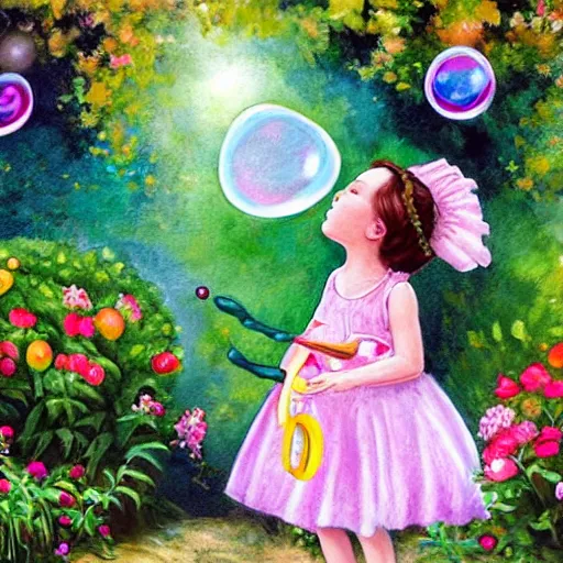 Image similar to a little girl in a beautiful garden blowing bubbles. beautiful cartoon painting art, high quality, detailed face